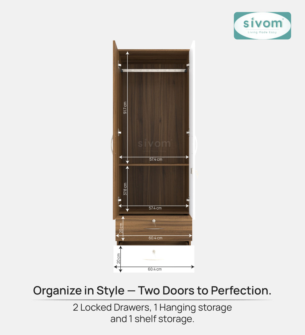 Sivom furniture SIVOM Ultra Multipurpose 2 Door Closet Engineered Wood 2 Door Wardrobe for Modern Homes | Elegant Design & Premium Finish
