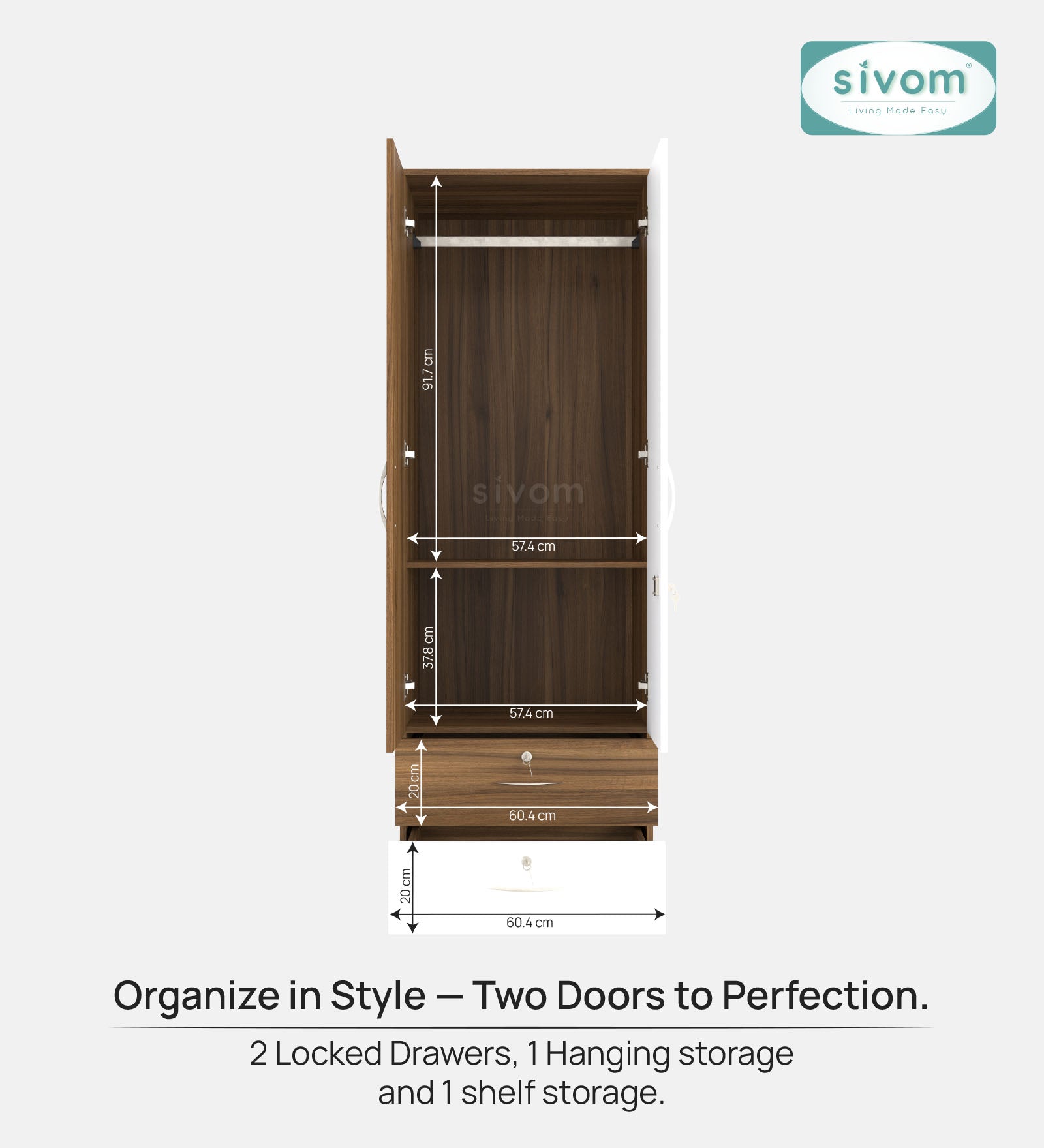 Sivom furniture SIVOM Ultra Multipurpose 2 Door Closet Engineered Wood 2 Door Wardrobe for Modern Homes | Elegant Design & Premium Finish