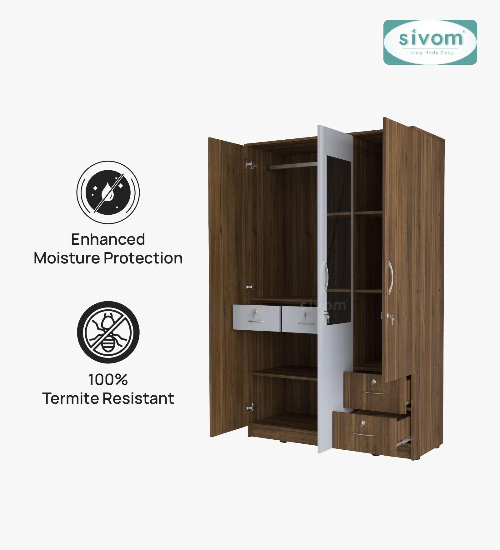 Sivom SIVOM Ultra Multipurpose 3 Door Wardrobe / Spacious Shelves with Hanging Rail Engineered Wood 3 Door Wardrobe for Modern Homes | Elegant Design & Premium Finish