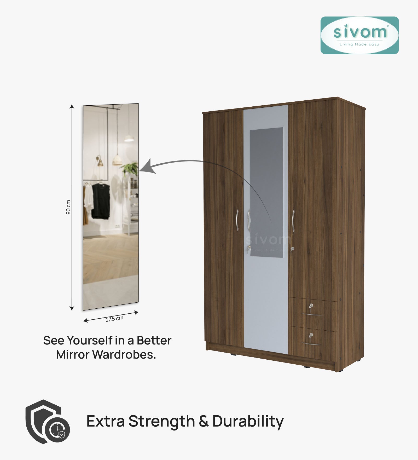Sivom furniture SIVOM Ultra Multipurpose 3 Door Wardrobe With Mirror/ Spacious Shelves with Hanging Rail Engineered Wood 3 Door Wardrobe for Modern Homes | Elegant Design & Premium Finish