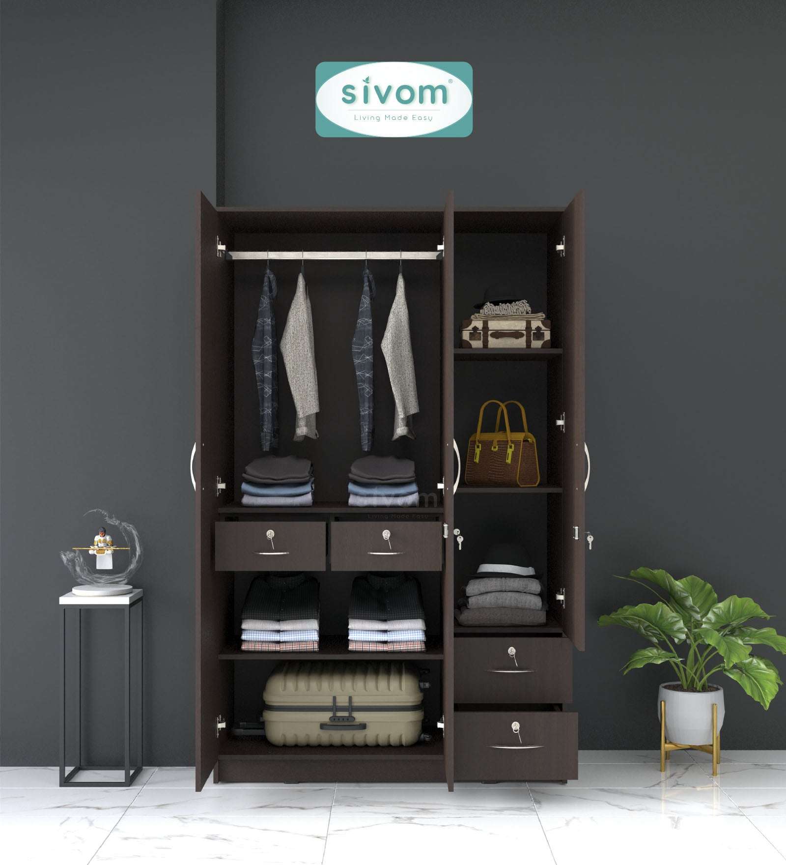 Sivom furniture SIVOM Ultra Multipurpose 3 Door Wardrobe / Spacious Shelves with Hanging Rail Engineered Wood 3 Door Wardrobe for Modern Homes | Elegant Design & Premium Finish