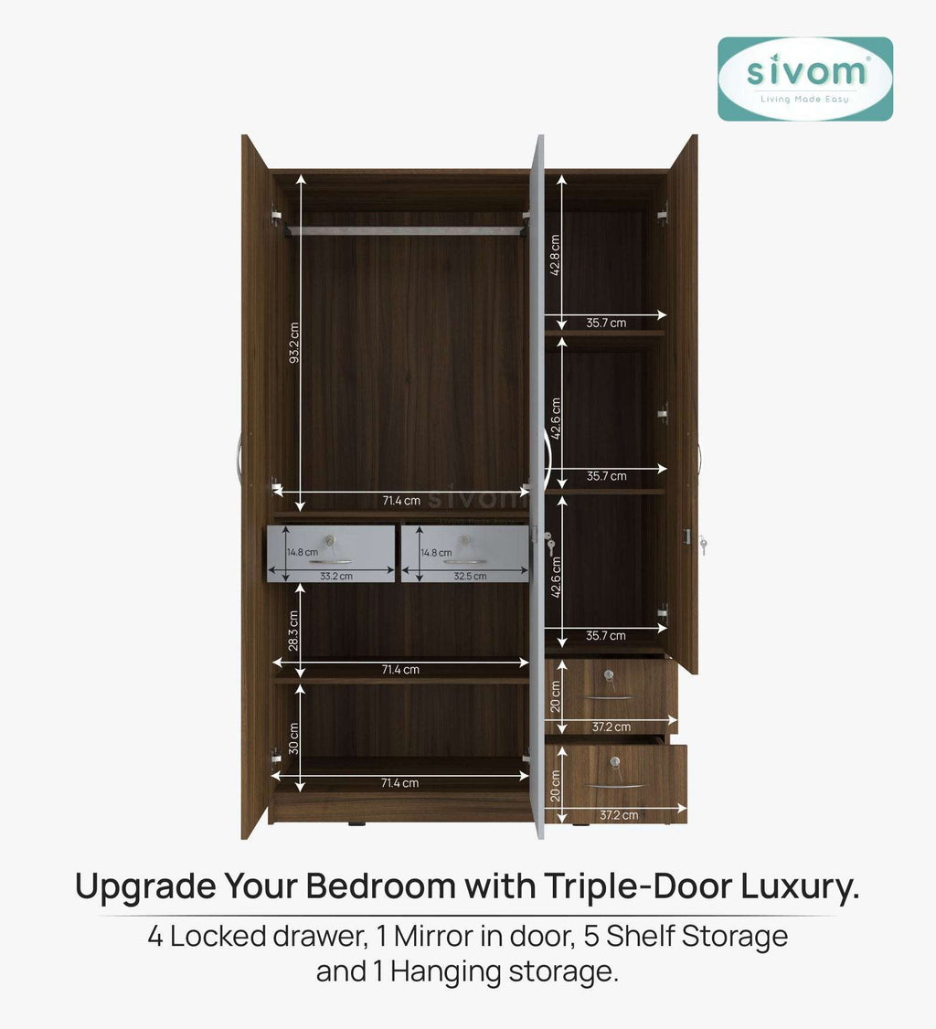 Sivom furniture SIVOM Ultra Multipurpose 3 Door Wardrobe / Spacious Shelves with Hanging Rail Engineered Wood 3 Door Wardrobe for Modern Homes | Elegant Design & Premium Finish