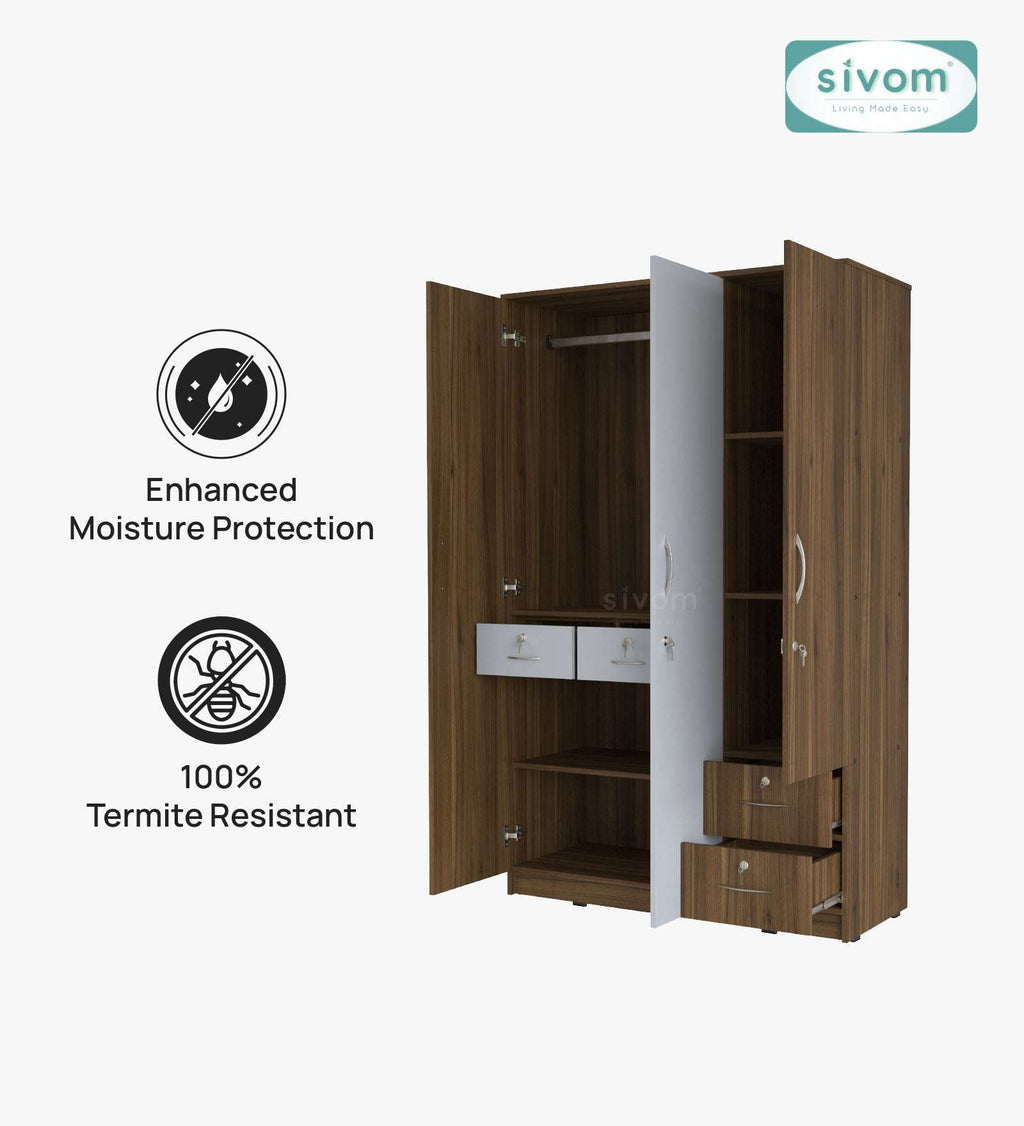 Sivom furniture SIVOM Ultra Multipurpose 3 Door Wardrobe / Spacious Shelves with Hanging Rail Engineered Wood 3 Door Wardrobe for Modern Homes | Elegant Design & Premium Finish
