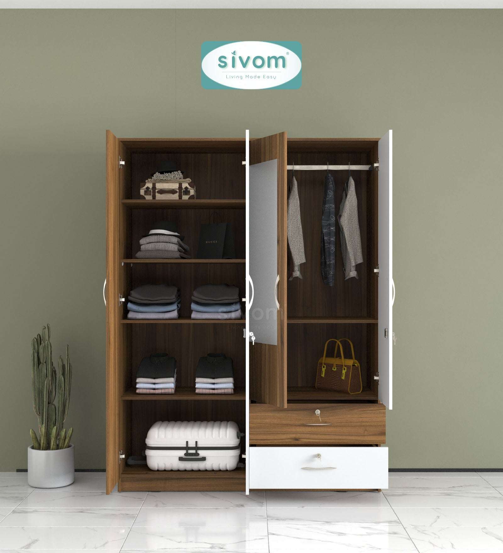 Sivom SIVOM Ultra Multipurpose 4 Door Wardrobe Closet With Mirror Engineered Wood 4 Door Wardrobe With Mirror for Modern Homes | Elegant Design & Premium Finish