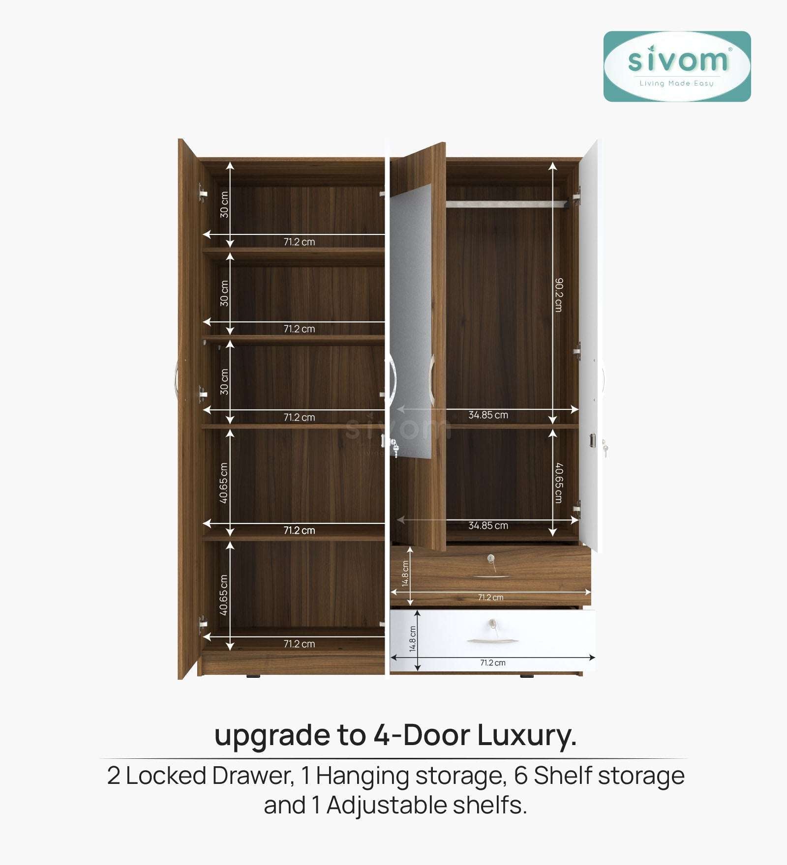 Sivom SIVOM Ultra Multipurpose 4 Door Wardrobe Closet With Mirror Engineered Wood 4 Door Wardrobe With Mirror for Modern Homes | Elegant Design & Premium Finish