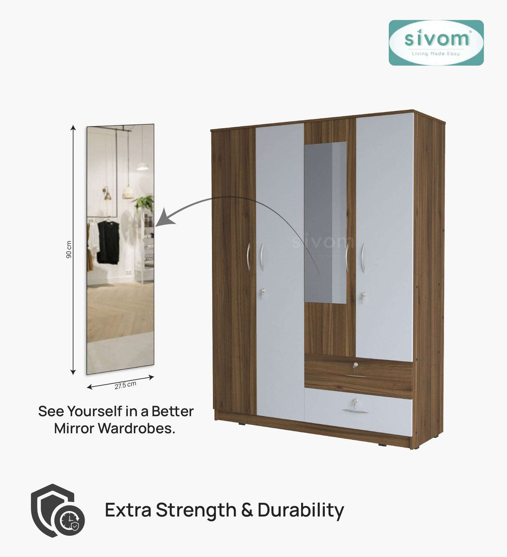 Sivom SIVOM Ultra Multipurpose 4 Door Wardrobe Closet With Mirror Engineered Wood 4 Door Wardrobe With Mirror for Modern Homes | Elegant Design & Premium Finish