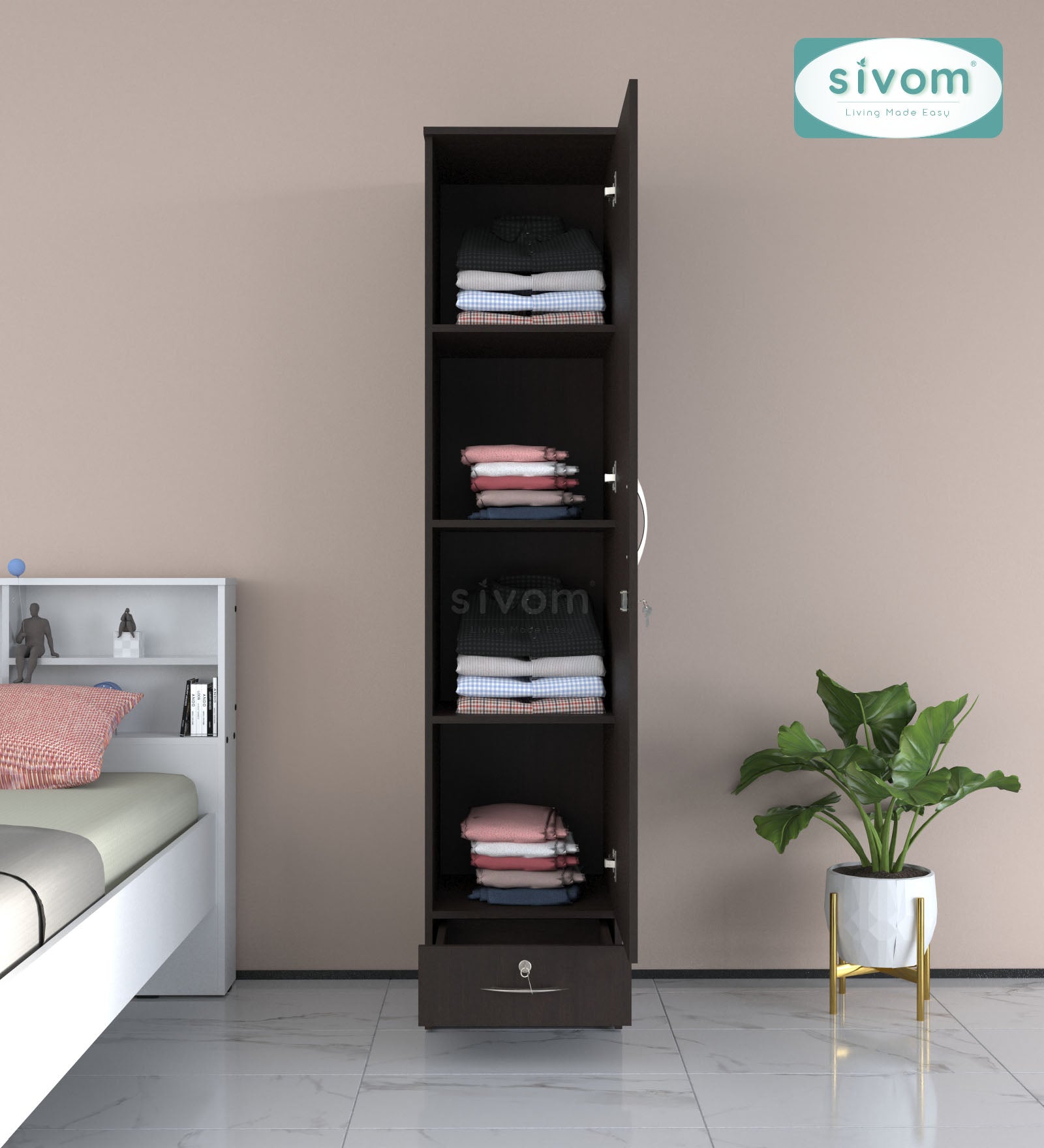 Sivom SIVOM Ultra Multipurpose 1 Door Wardrobe / Spacious 4 Shelves with Outer Drawer Engineered Wood 1 Door Wardrobe for Modern Homes | Elegant Design & Premium Finish