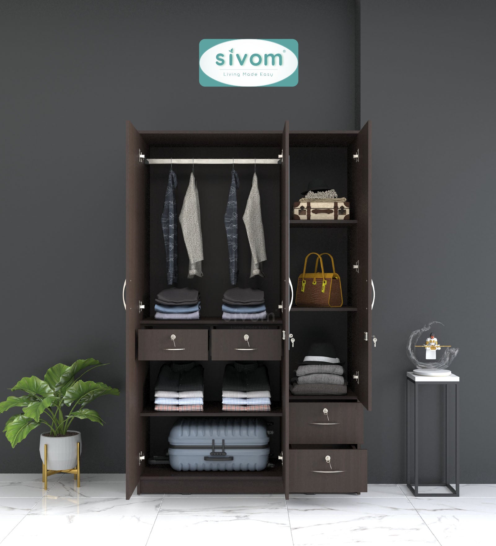 Sivom SIVOM Ultra Multipurpose 3 Door Wardrobe / Spacious Shelves with Hanging Rail Engineered Wood 3 Door Wardrobe for Modern Homes | Elegant Design & Premium Finish