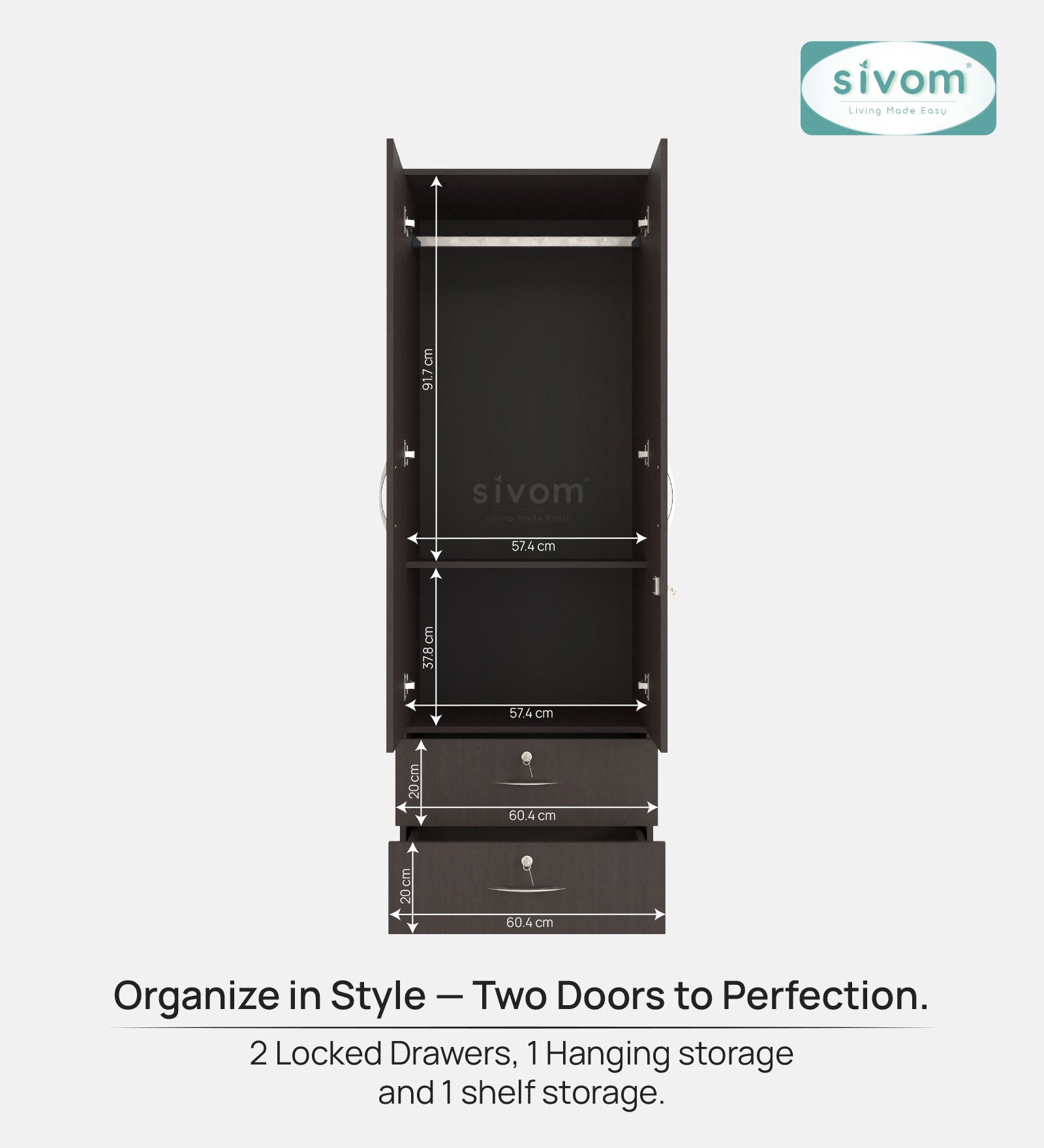 Sivom furniture SIVOM Ultra Multipurpose 2 Door Closet Engineered Wood 2 Door Wardrobe for Modern Homes | Elegant Design & Premium Finish