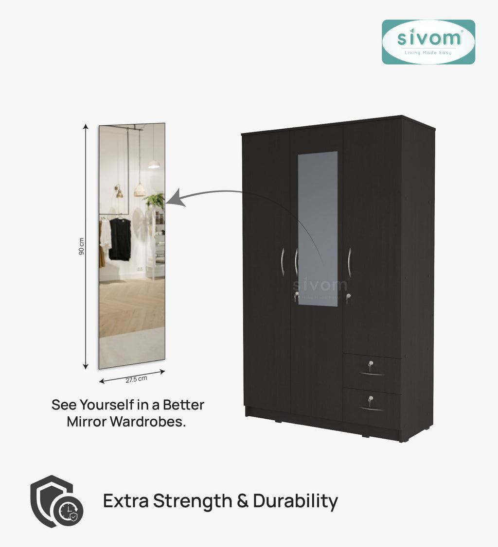 Sivom furniture SIVOM Ultra Multipurpose 3 Door Wardrobe With Mirror/ Spacious Shelves with Hanging Rail Engineered Wood 3 Door Wardrobe for Modern Homes | Elegant Design & Premium Finish