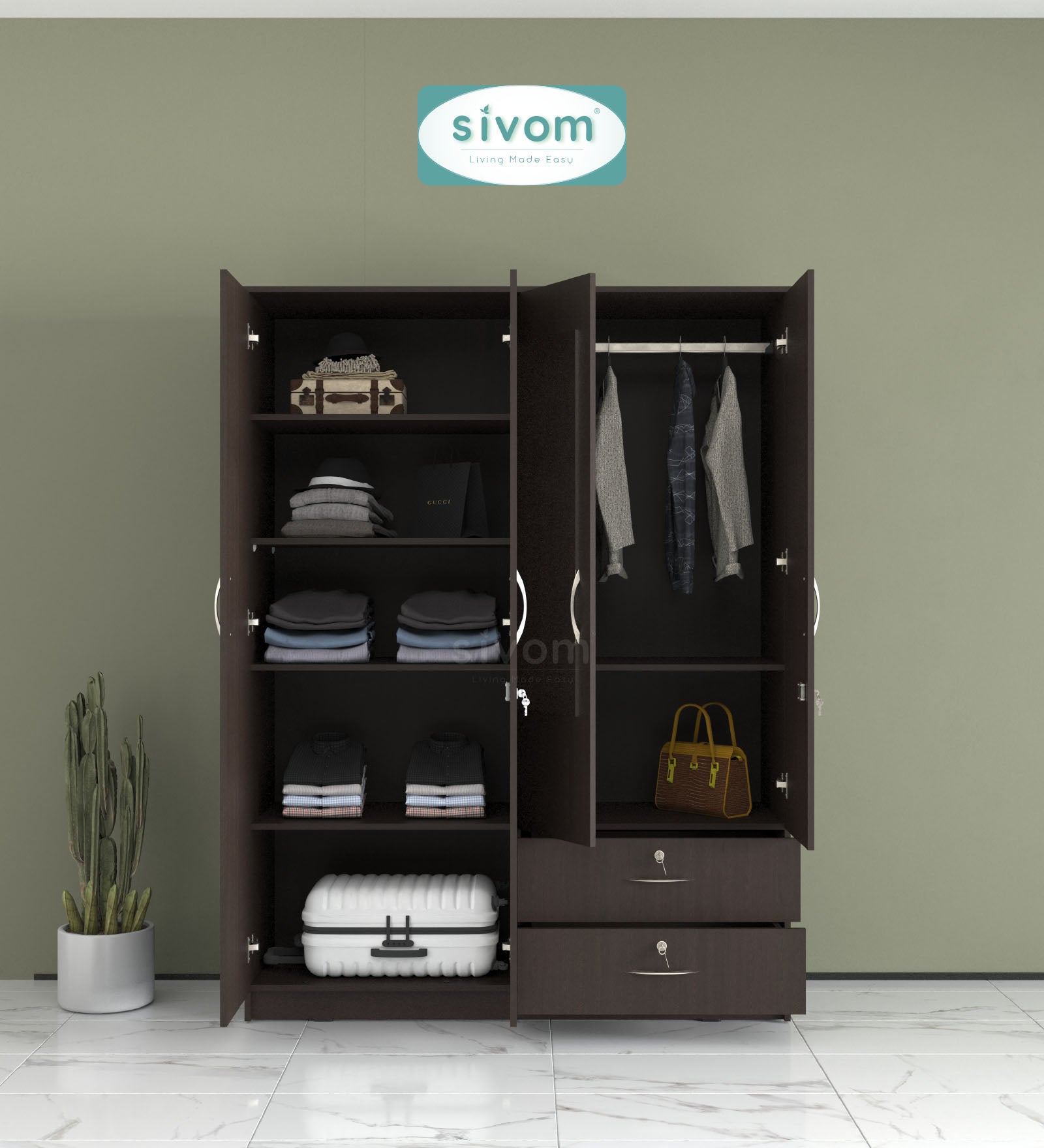 Sivom SIVOM Ultra Multipurpose 4 Door Wardrobe Closet With Mirror Engineered Wood 4 Door Wardrobe With Mirror for Modern Homes | Elegant Design & Premium Finish