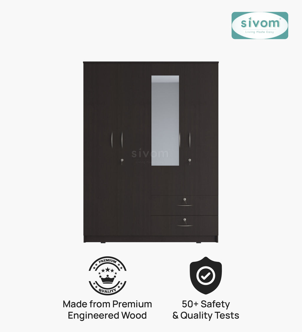 Sivom SIVOM Ultra Multipurpose 4 Door Wardrobe Closet With Mirror Engineered Wood 4 Door Wardrobe With Mirror for Modern Homes | Elegant Design & Premium Finish
