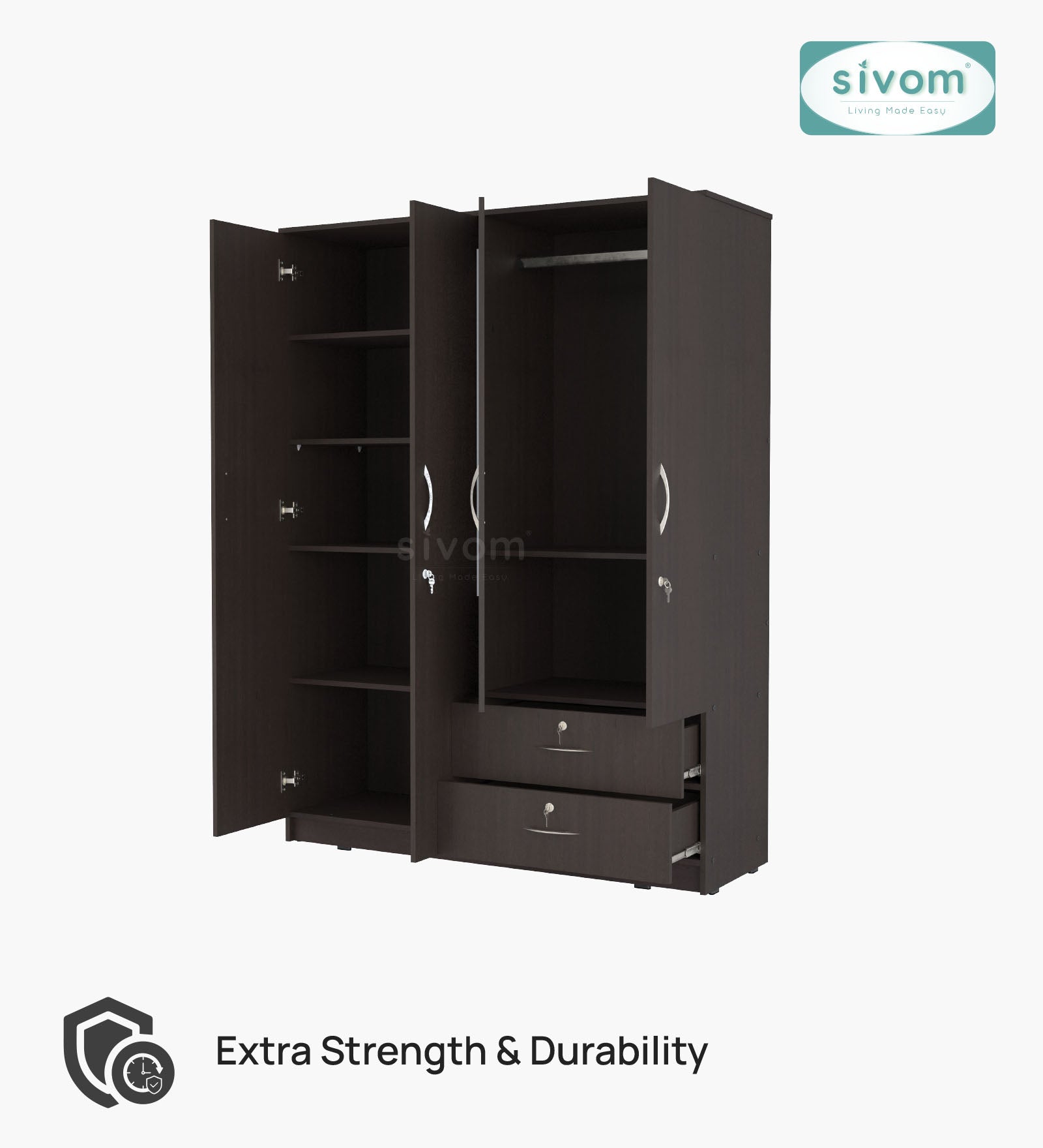 Sivom SIVOM Ultra Multipurpose 4 Door Wardrobe Closet With Mirror Engineered Wood 4 Door Wardrobe With Mirror for Modern Homes | Elegant Design & Premium Finish