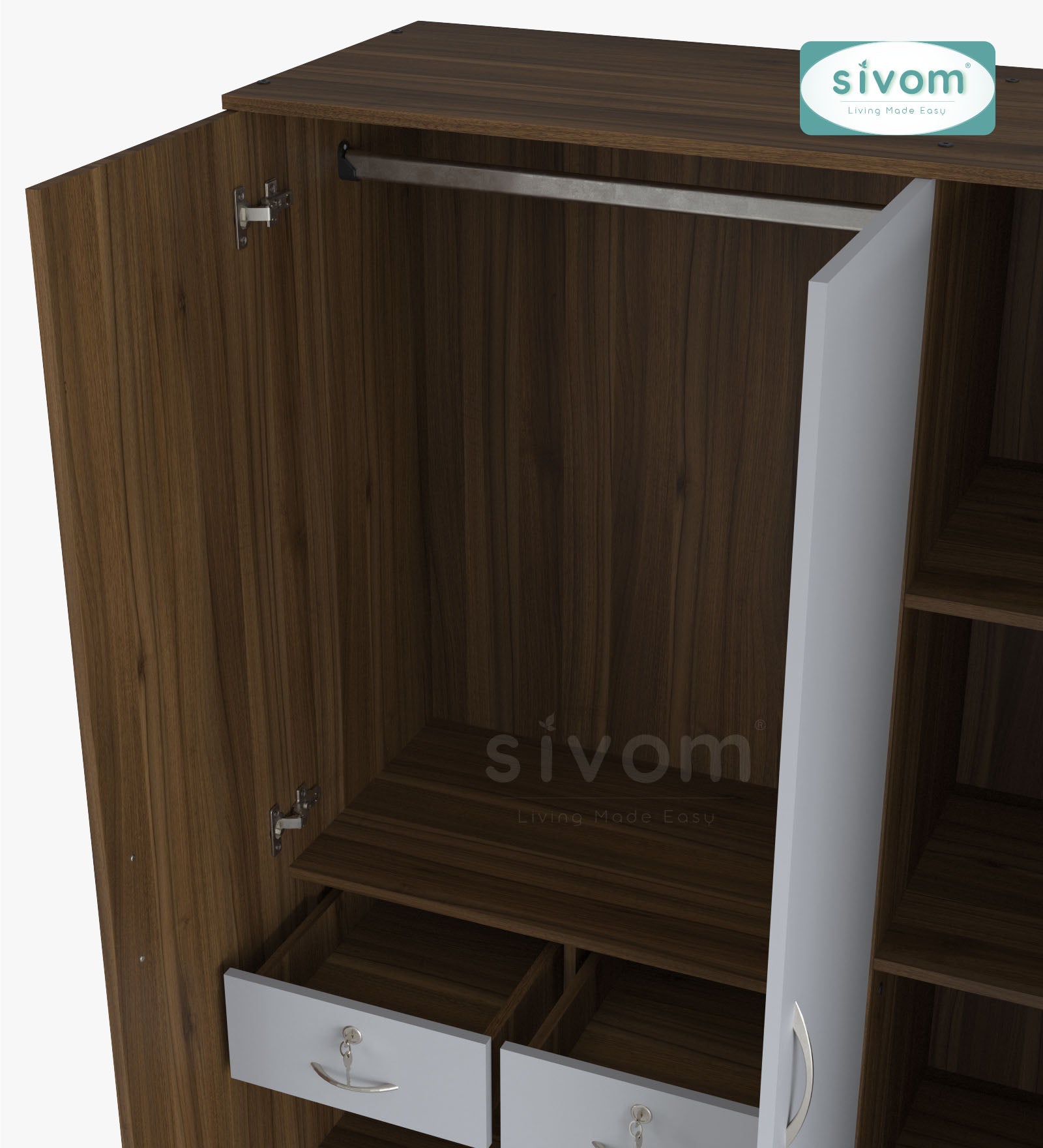 SIVOM Ultra Multipurpose 3 Door Wardrobe / Spacious Shelves with Hanging Rail Engineered Wood 3 Door Wardrobe for Modern Homes | Elegant Design & Premium Finish