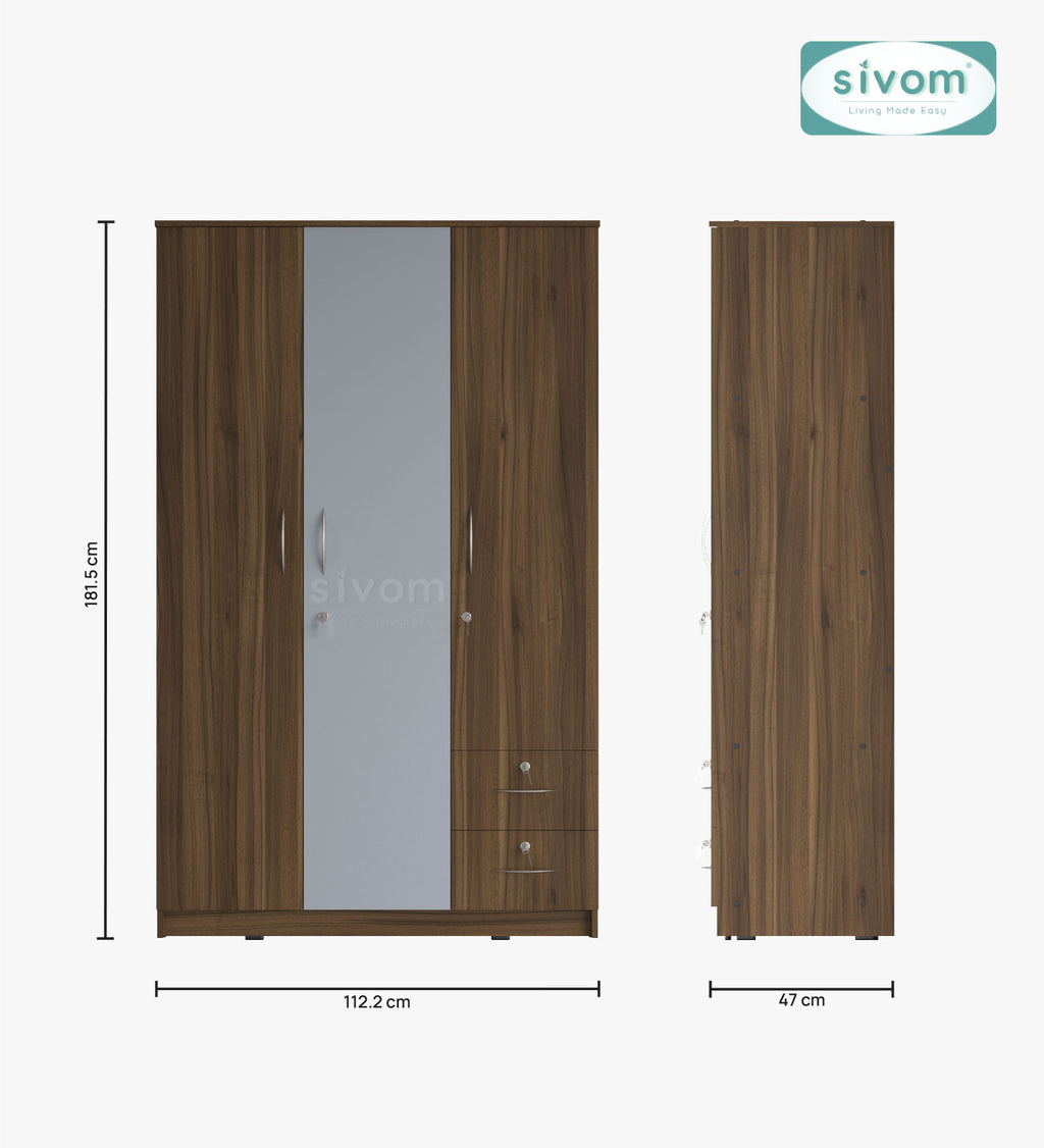 SIVOM Ultra Multipurpose 3 Door Wardrobe / Spacious Shelves with Hanging Rail Engineered Wood 3 Door Wardrobe for Modern Homes | Elegant Design & Premium Finish