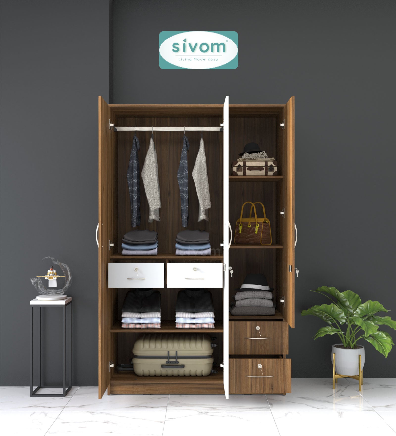 SIVOM Ultra Multipurpose 3 Door Wardrobe / Spacious Shelves with Hanging Rail Engineered Wood 3 Door Wardrobe for Modern Homes | Elegant Design & Premium Finish