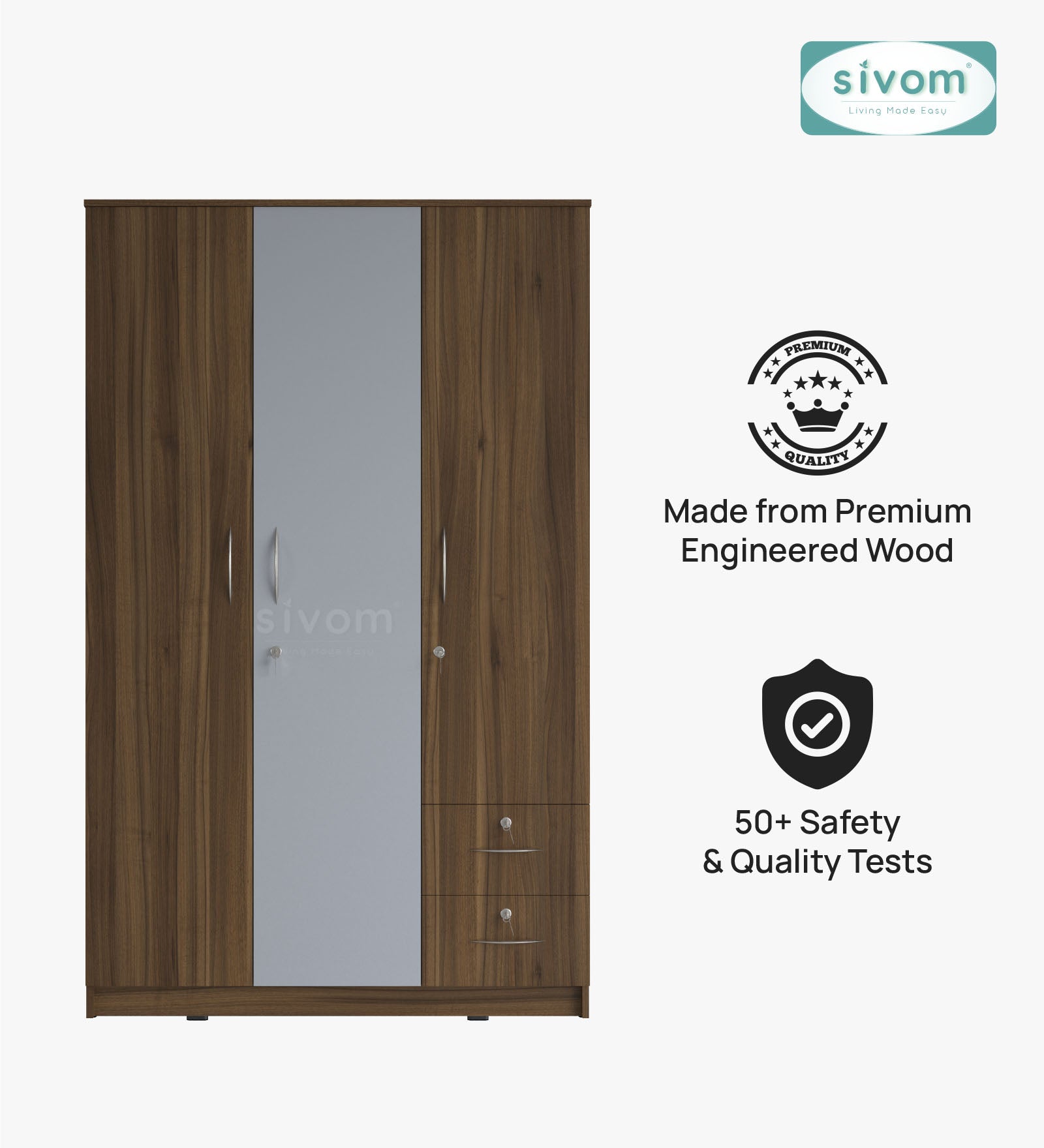 SIVOM Ultra Multipurpose 3 Door Wardrobe / Spacious Shelves with Hanging Rail Engineered Wood 3 Door Wardrobe for Modern Homes | Elegant Design & Premium Finish
