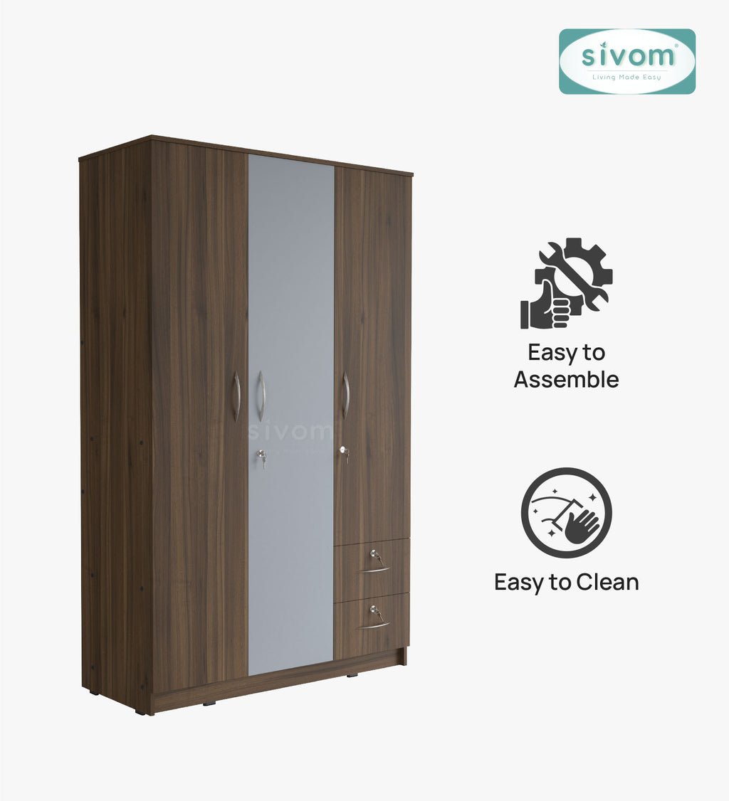 SIVOM Ultra Multipurpose 3 Door Wardrobe / Spacious Shelves with Hanging Rail Engineered Wood 3 Door Wardrobe for Modern Homes | Elegant Design & Premium Finish