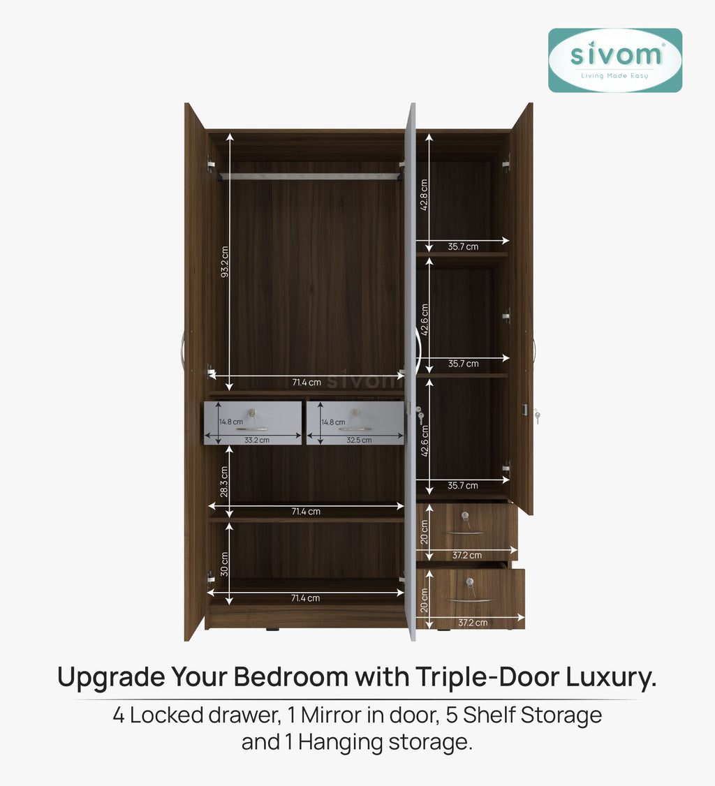 SIVOM Ultra Multipurpose 3 Door Wardrobe / Spacious Shelves with Hanging Rail Engineered Wood 3 Door Wardrobe for Modern Homes | Elegant Design & Premium Finish