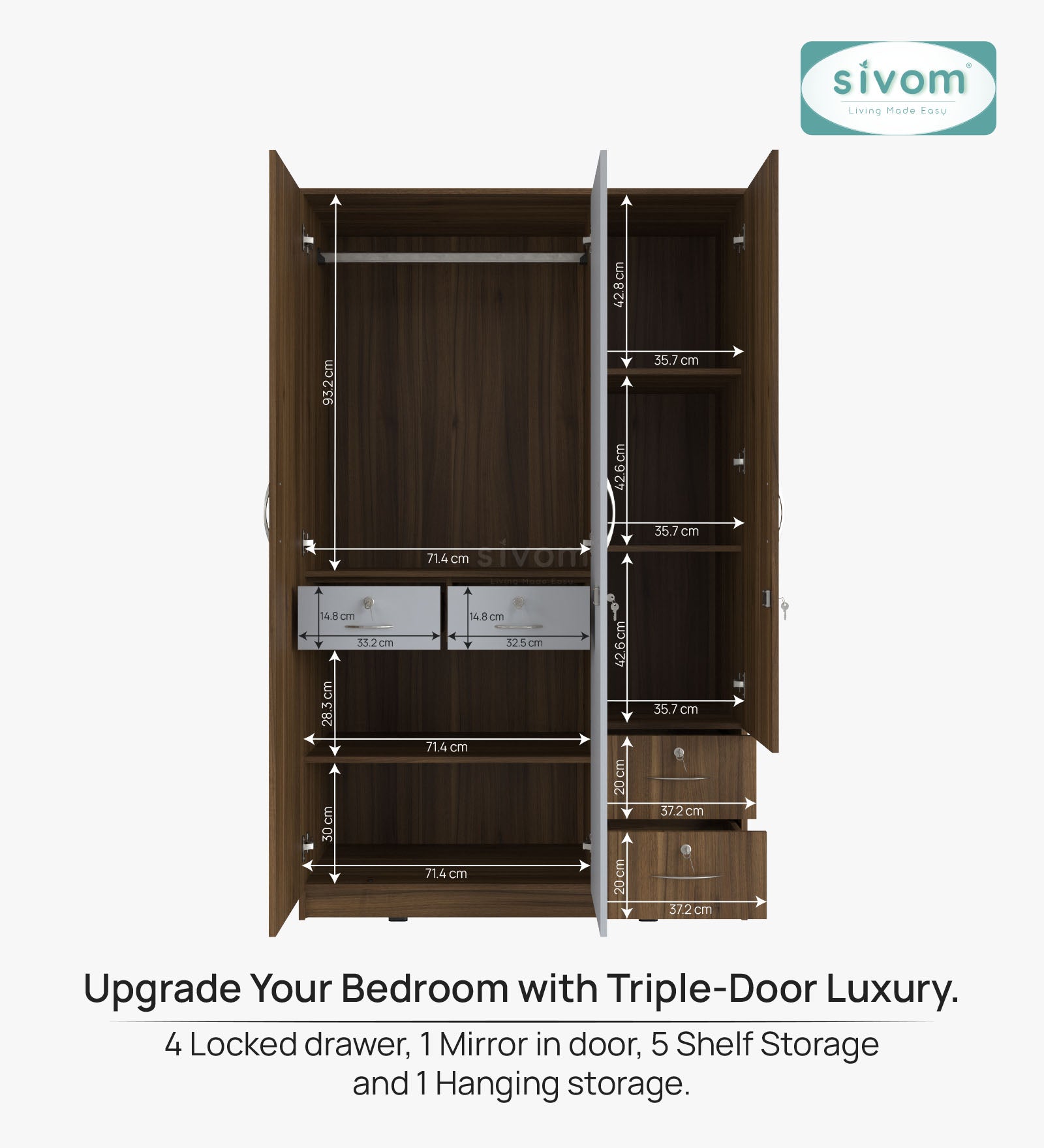 SIVOM Ultra Multipurpose 3 Door Wardrobe / Spacious Shelves with Hanging Rail Engineered Wood 3 Door Wardrobe for Modern Homes | Elegant Design & Premium Finish