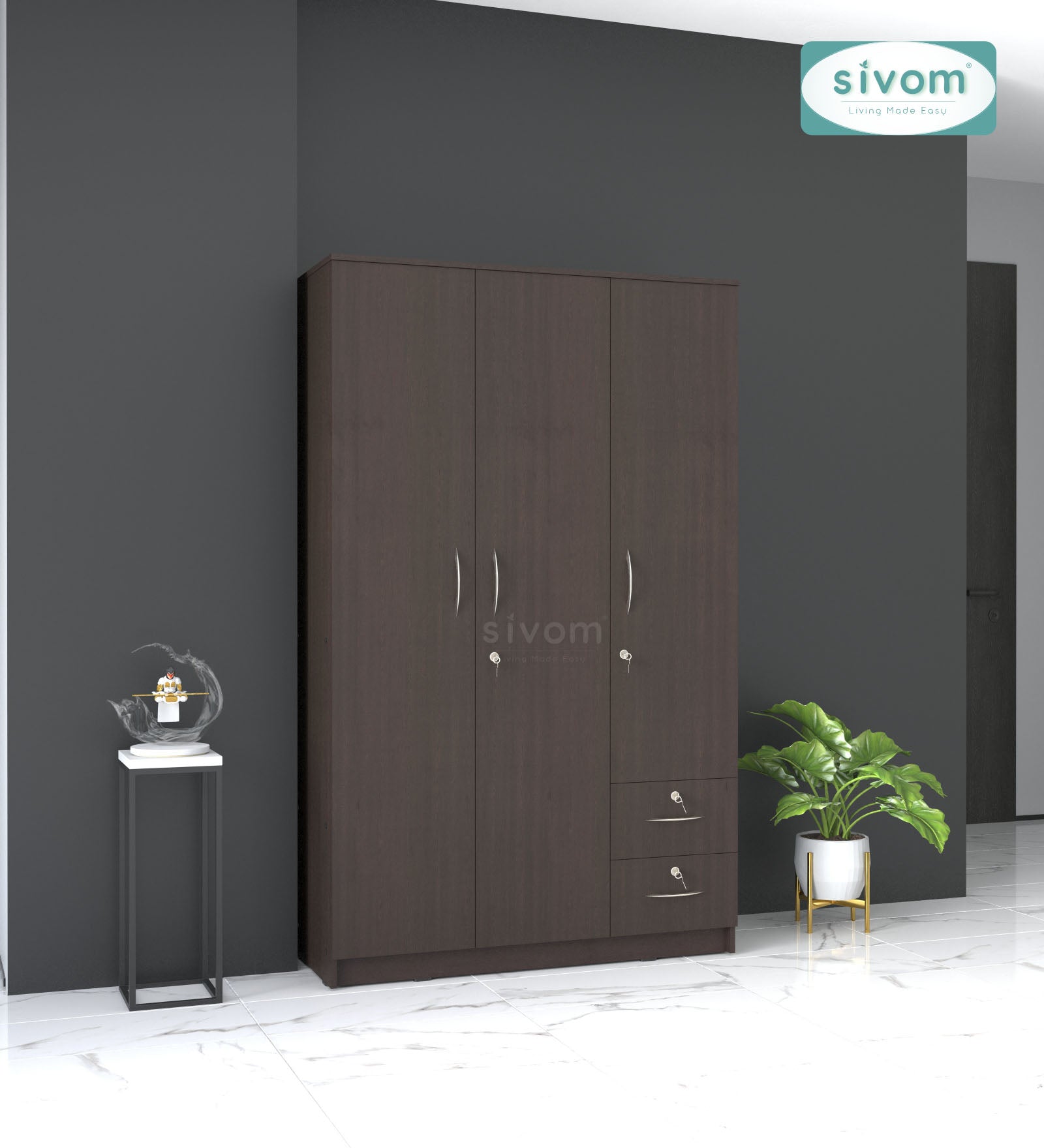 SIVOM Ultra Multipurpose 3 Door Wardrobe / Spacious Shelves with Hanging Rail Engineered Wood 3 Door Wardrobe for Modern Homes | Elegant Design & Premium Finish