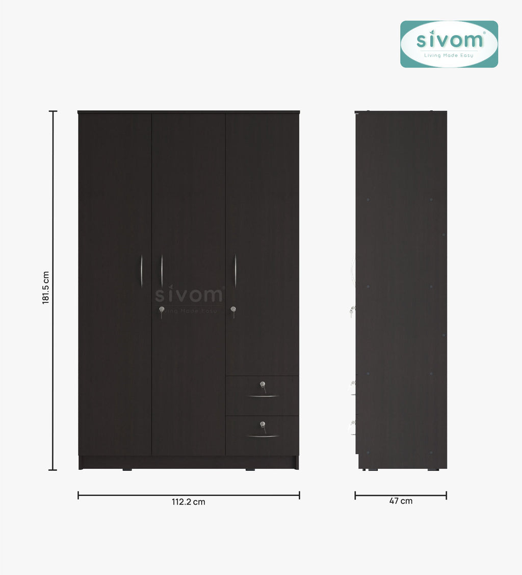 SIVOM Ultra Multipurpose 3 Door Wardrobe / Spacious Shelves with Hanging Rail Engineered Wood 3 Door Wardrobe for Modern Homes | Elegant Design & Premium Finish