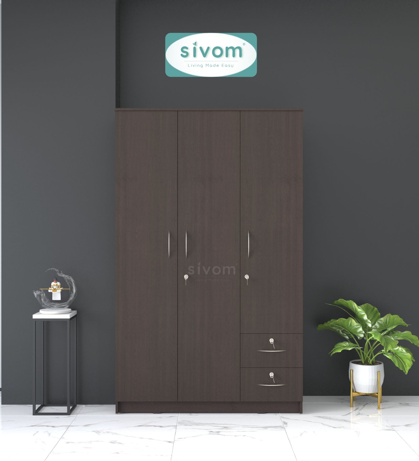 SIVOM Ultra Multipurpose 3 Door Wardrobe / Spacious Shelves with Hanging Rail Engineered Wood 3 Door Wardrobe for Modern Homes | Elegant Design & Premium Finish