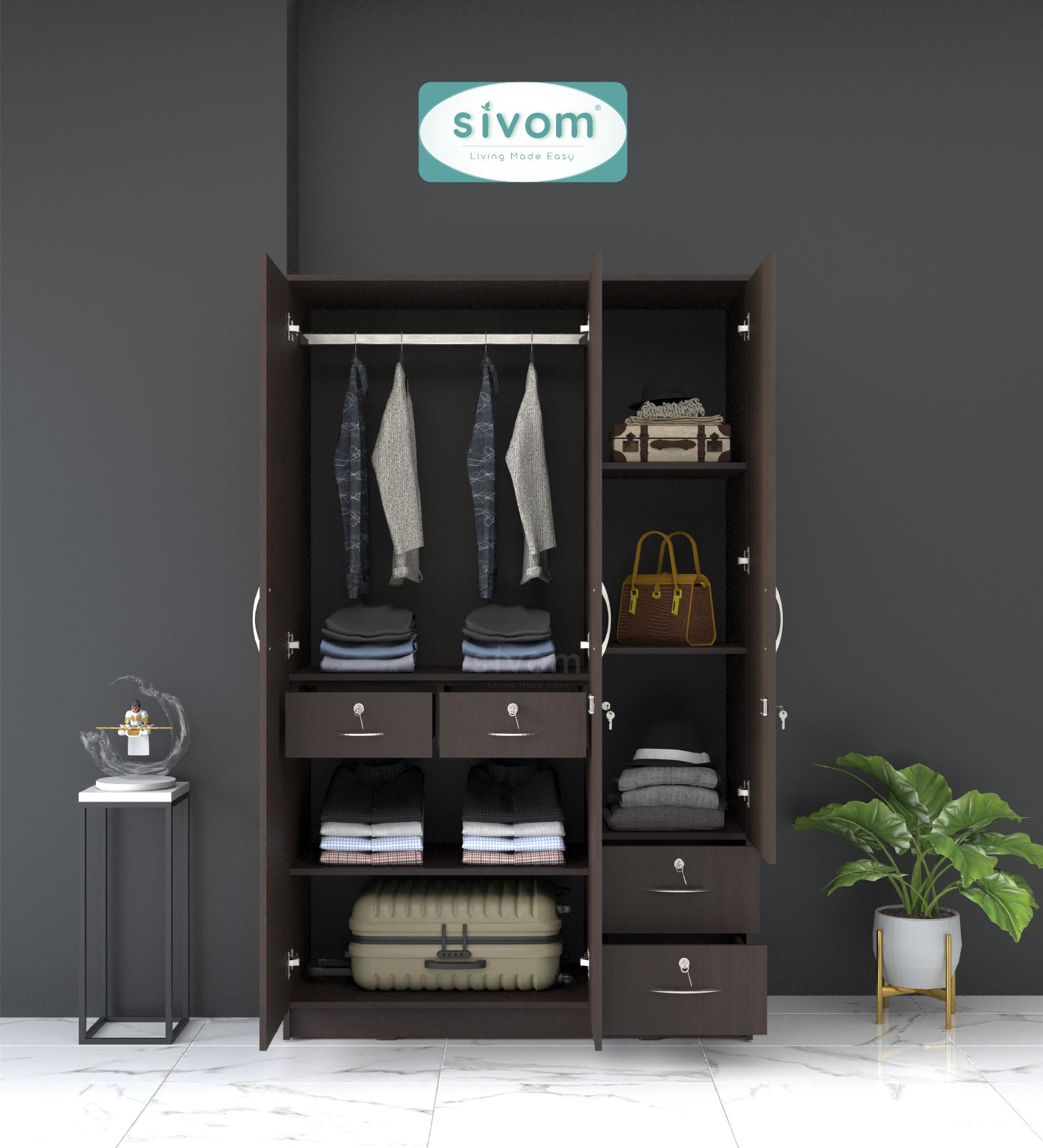 SIVOM Ultra Multipurpose 3 Door Wardrobe / Spacious Shelves with Hanging Rail Engineered Wood 3 Door Wardrobe for Modern Homes | Elegant Design & Premium Finish