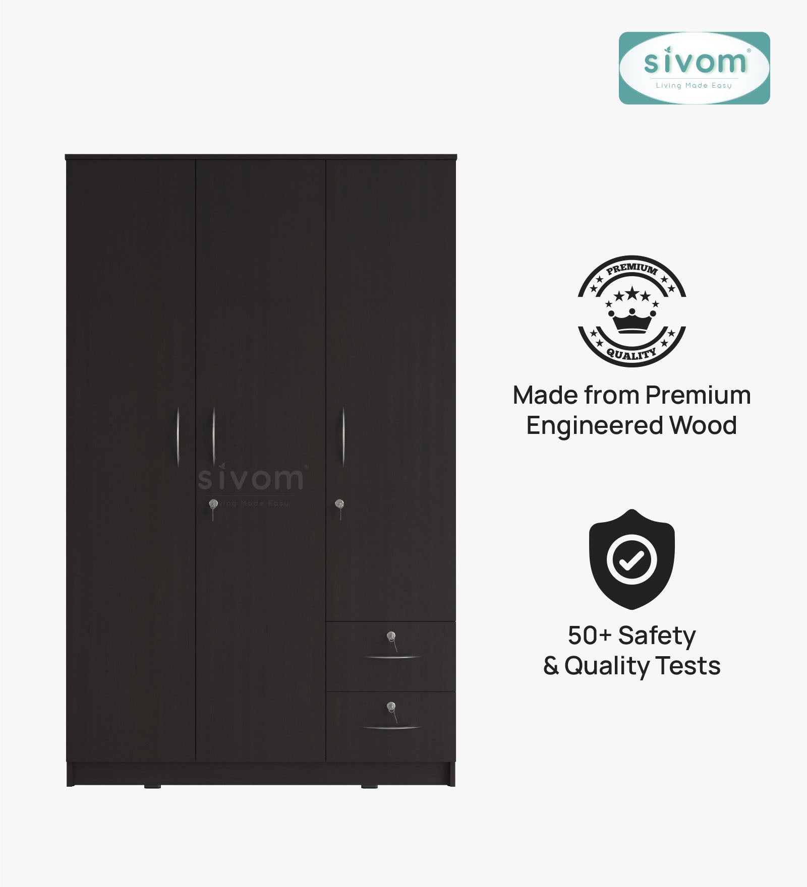SIVOM Ultra Multipurpose 3 Door Wardrobe / Spacious Shelves with Hanging Rail Engineered Wood 3 Door Wardrobe for Modern Homes | Elegant Design & Premium Finish