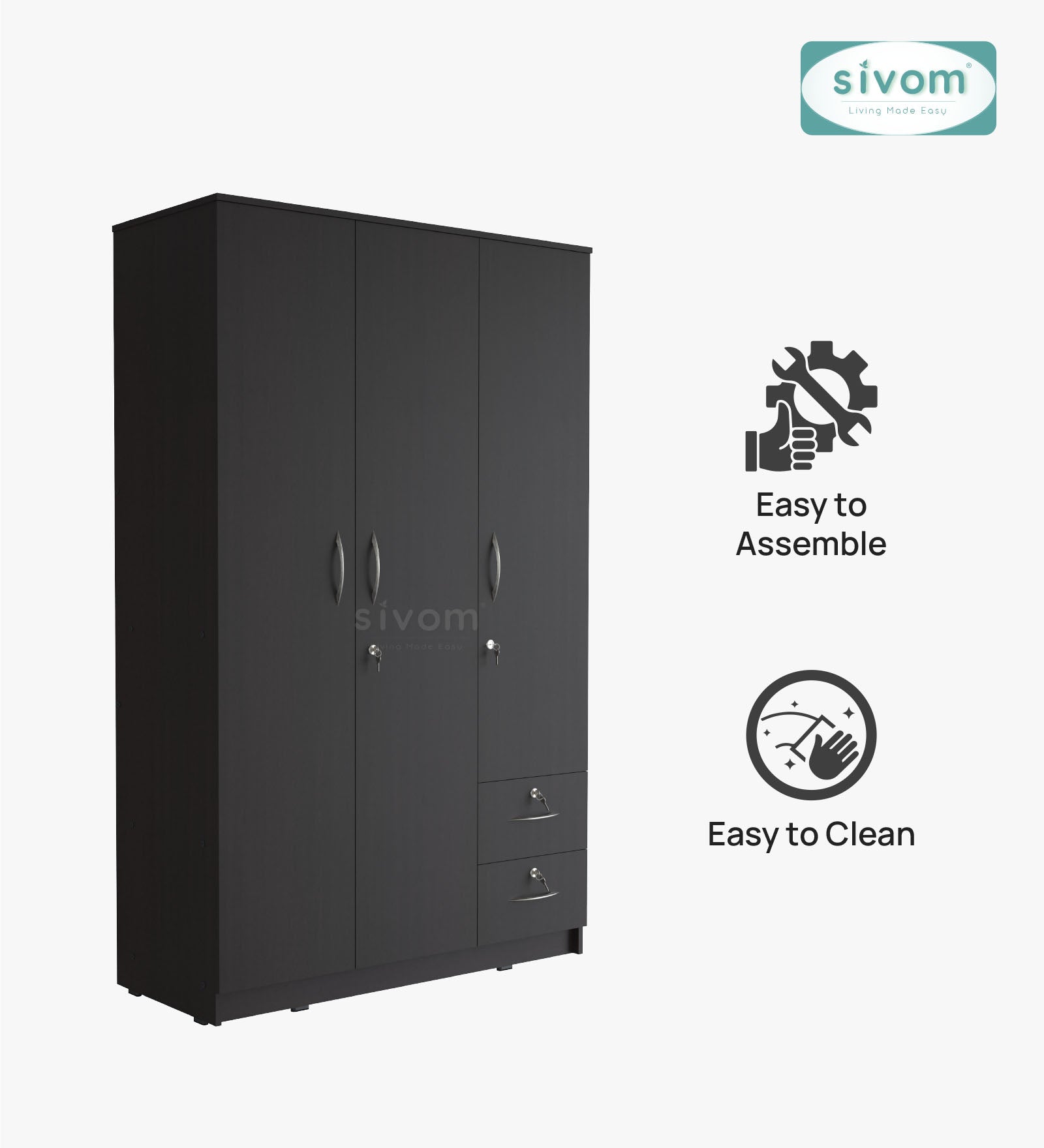 SIVOM Ultra Multipurpose 3 Door Wardrobe / Spacious Shelves with Hanging Rail Engineered Wood 3 Door Wardrobe for Modern Homes | Elegant Design & Premium Finish