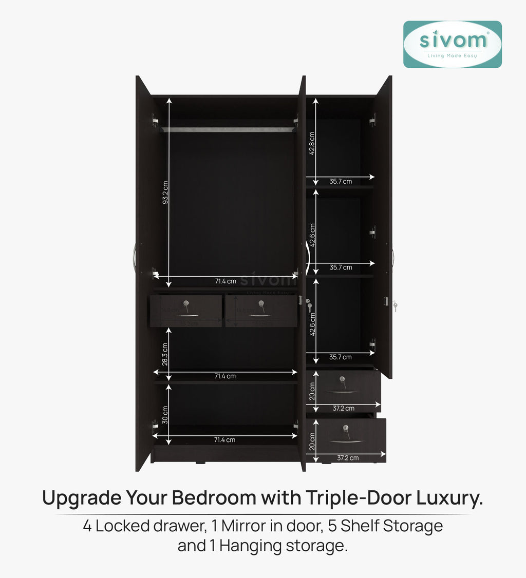 SIVOM Ultra Multipurpose 3 Door Wardrobe / Spacious Shelves with Hanging Rail Engineered Wood 3 Door Wardrobe for Modern Homes | Elegant Design & Premium Finish