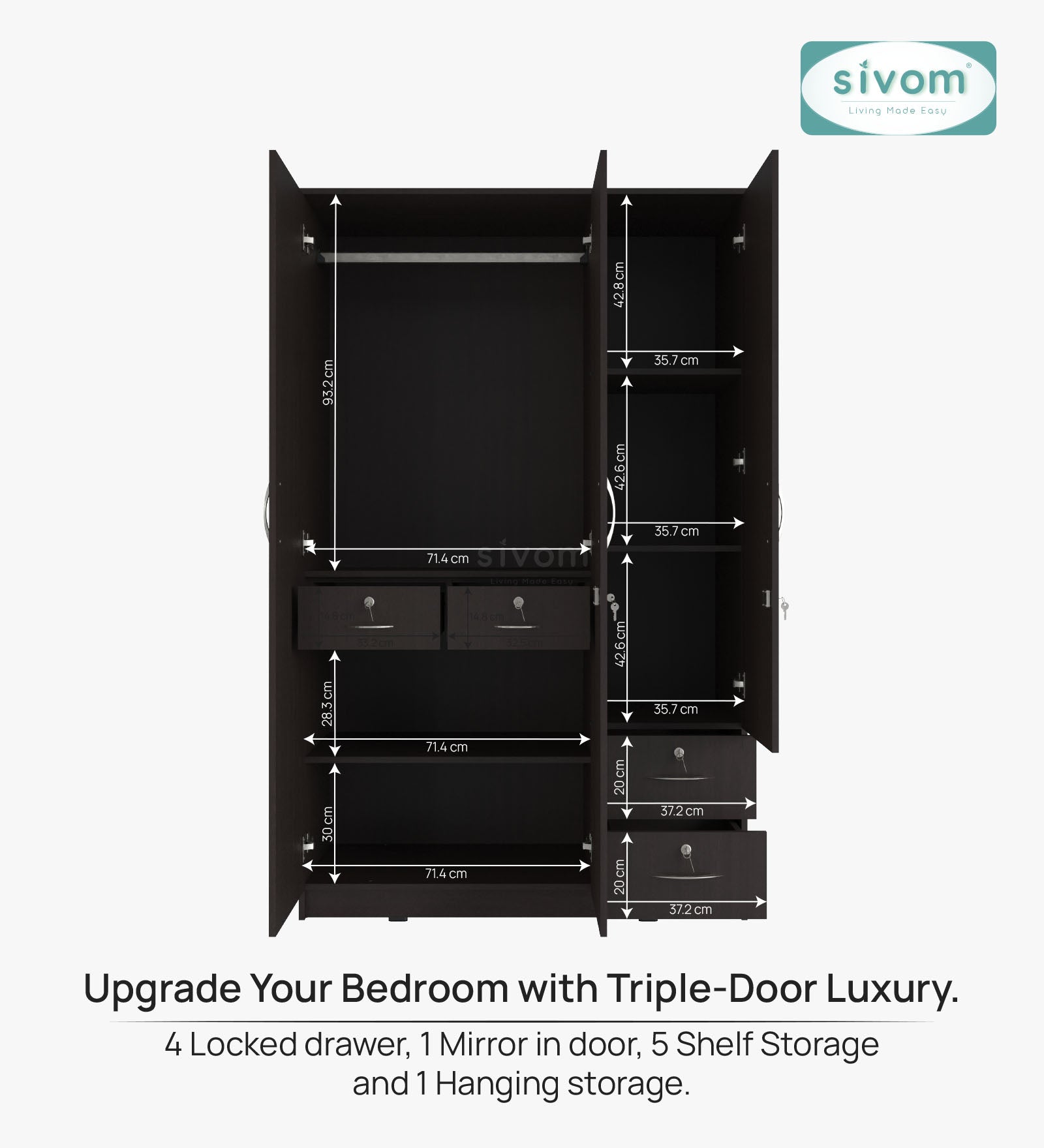 SIVOM Ultra Multipurpose 3 Door Wardrobe / Spacious Shelves with Hanging Rail Engineered Wood 3 Door Wardrobe for Modern Homes | Elegant Design & Premium Finish