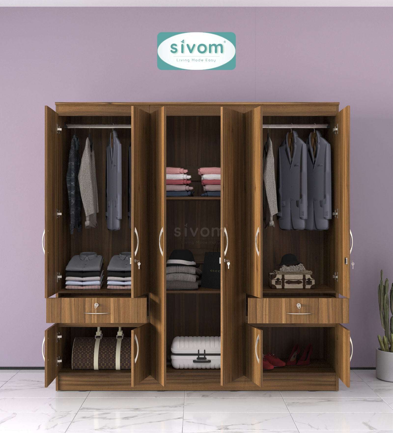 Sivom furniture SIVOM Alloy Multipurpose 6 Door Closet Engineered Wood 6 Door Wardrobe for Modern Homes | Elegant Design & Premium Finish