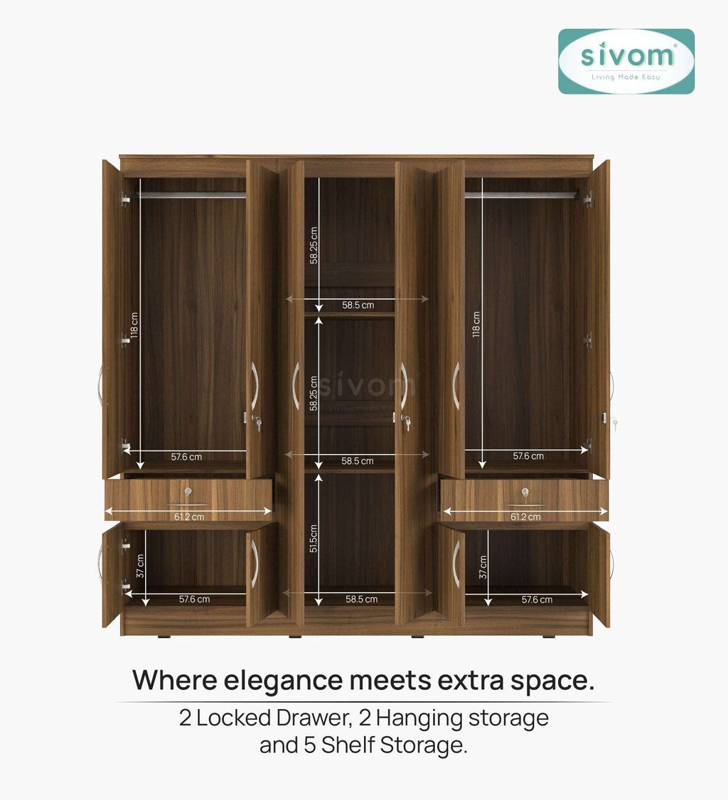 Sivom furniture SIVOM Alloy Multipurpose 6 Door Closet Engineered Wood 6 Door Wardrobe for Modern Homes | Elegant Design & Premium Finish
