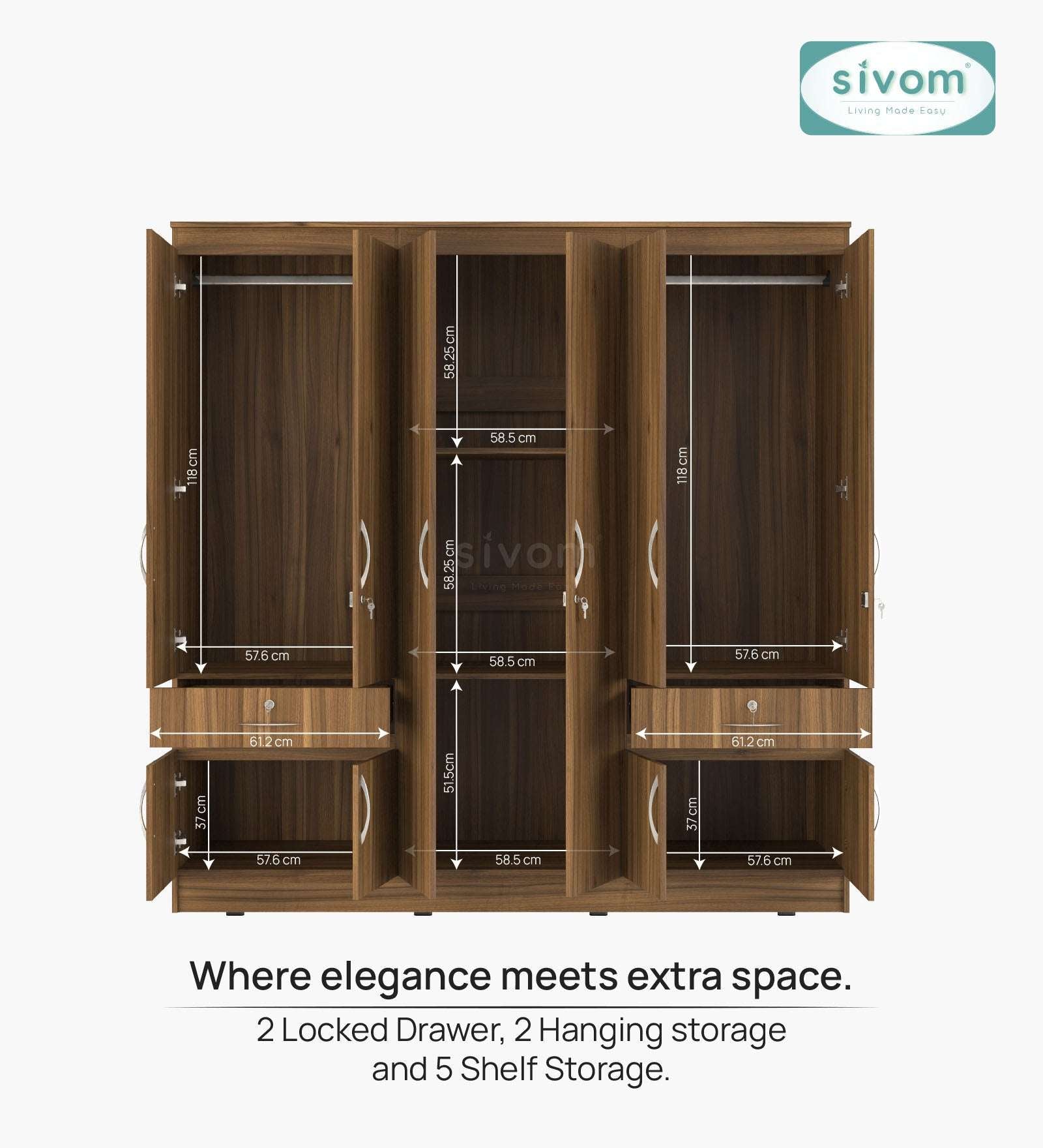 Sivom furniture SIVOM Alloy Multipurpose 6 Door Closet Engineered Wood 6 Door Wardrobe for Modern Homes | Elegant Design & Premium Finish