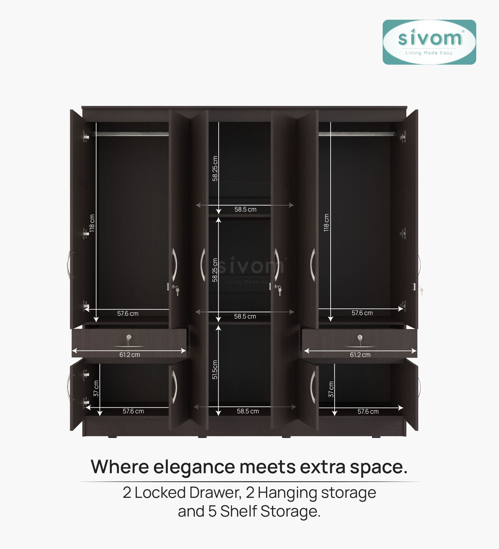 Sivom furniture SIVOM Alloy Multipurpose 6 Door Closet Engineered Wood 6 Door Wardrobe for Modern Homes | Elegant Design & Premium Finish