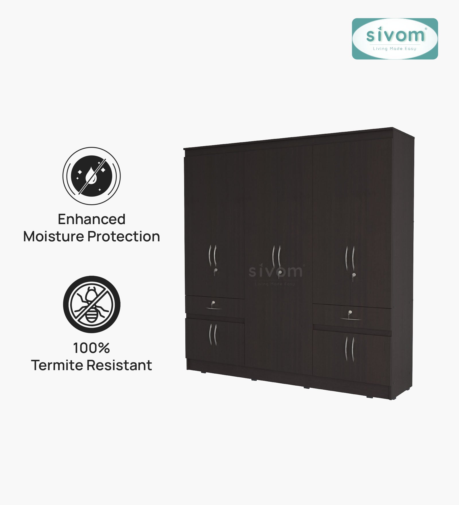 Sivom furniture SIVOM Alloy Multipurpose 6 Door Closet Engineered Wood 6 Door Wardrobe for Modern Homes | Elegant Design & Premium Finish